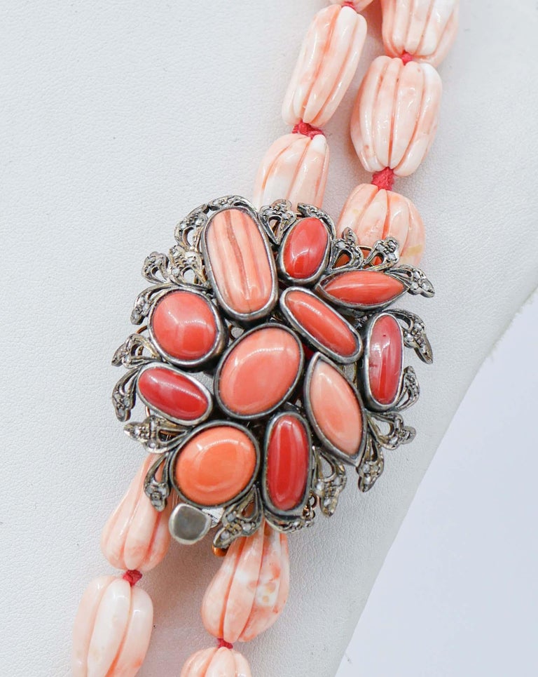 Coral, Diamonds, Rose Gold and Silver MultiStrands Necklace For Sale
