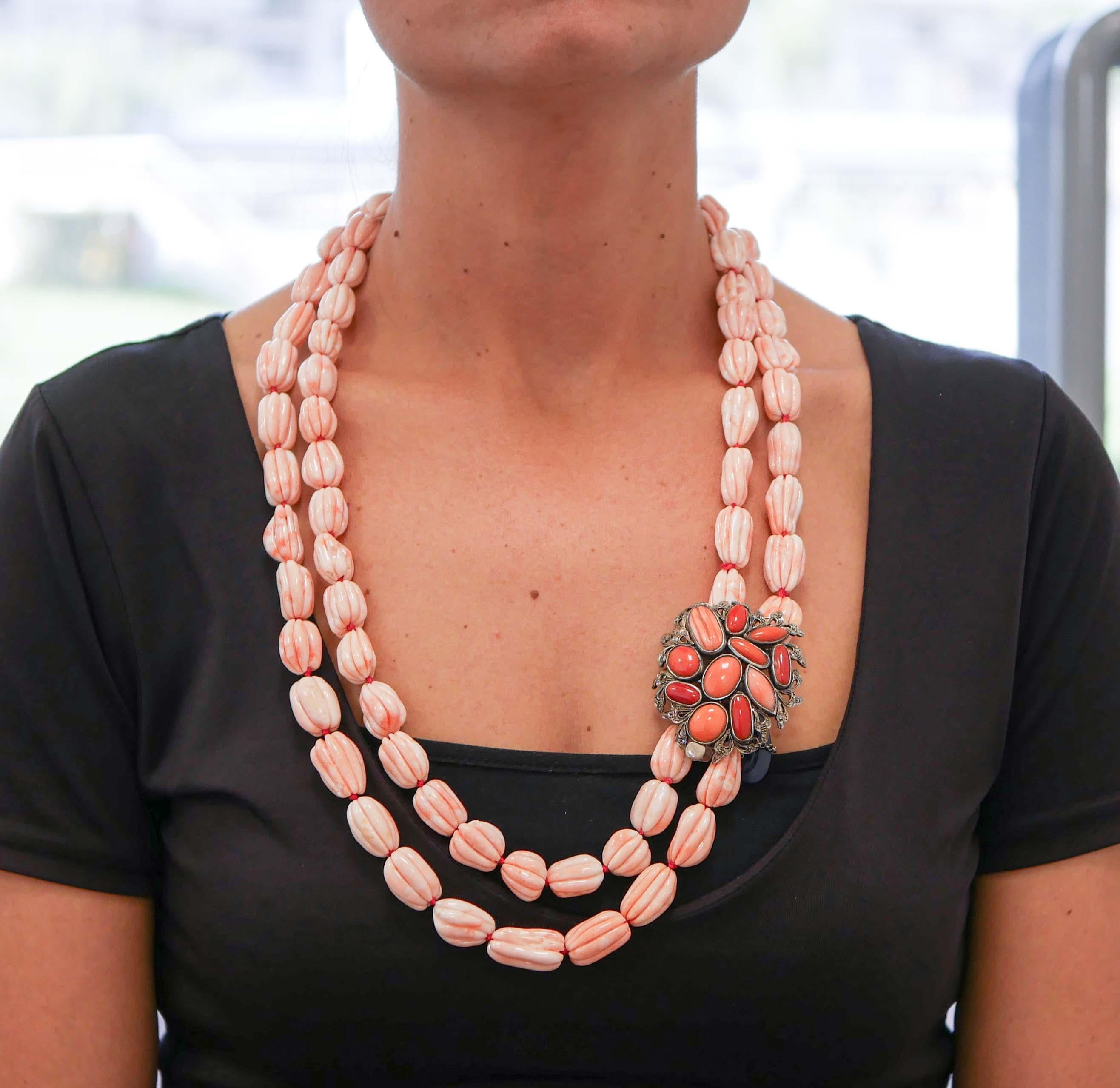 Mixed Cut Coral, Diamonds, Rose Gold and Silver Multi-Strands Necklace For Sale