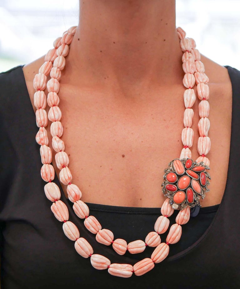 Coral, Diamonds, Rose Gold and Silver MultiStrands Necklace For Sale
