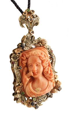 Engraved Coral, Diamonds, Rubies Emeralds, Sapphires, Gold and Silver Pendant