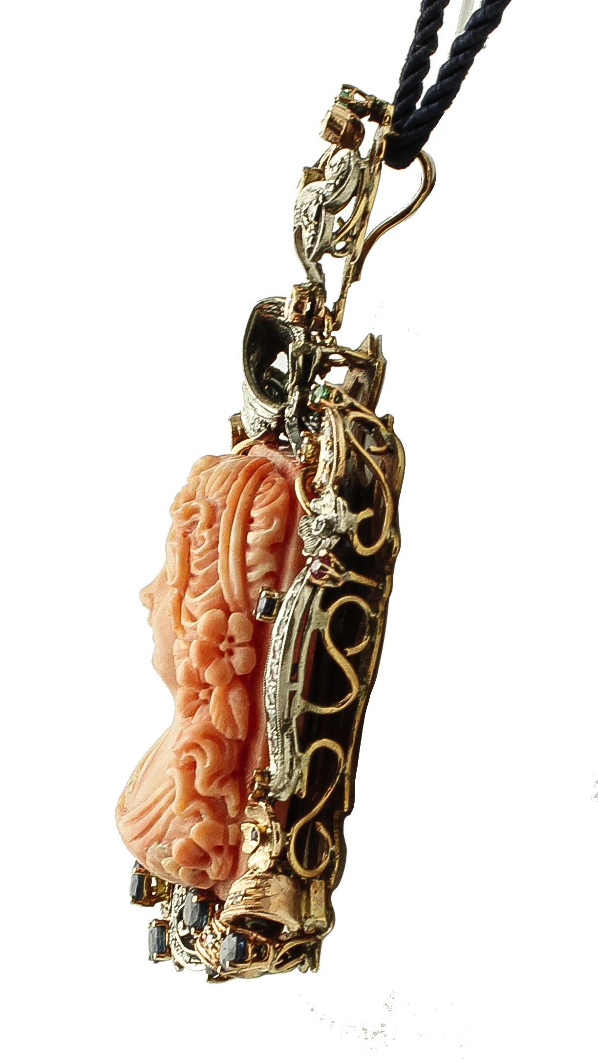 Retro Engraved Coral, Diamonds, Rubies Emeralds, Sapphires, Gold and Silver Pendant For Sale