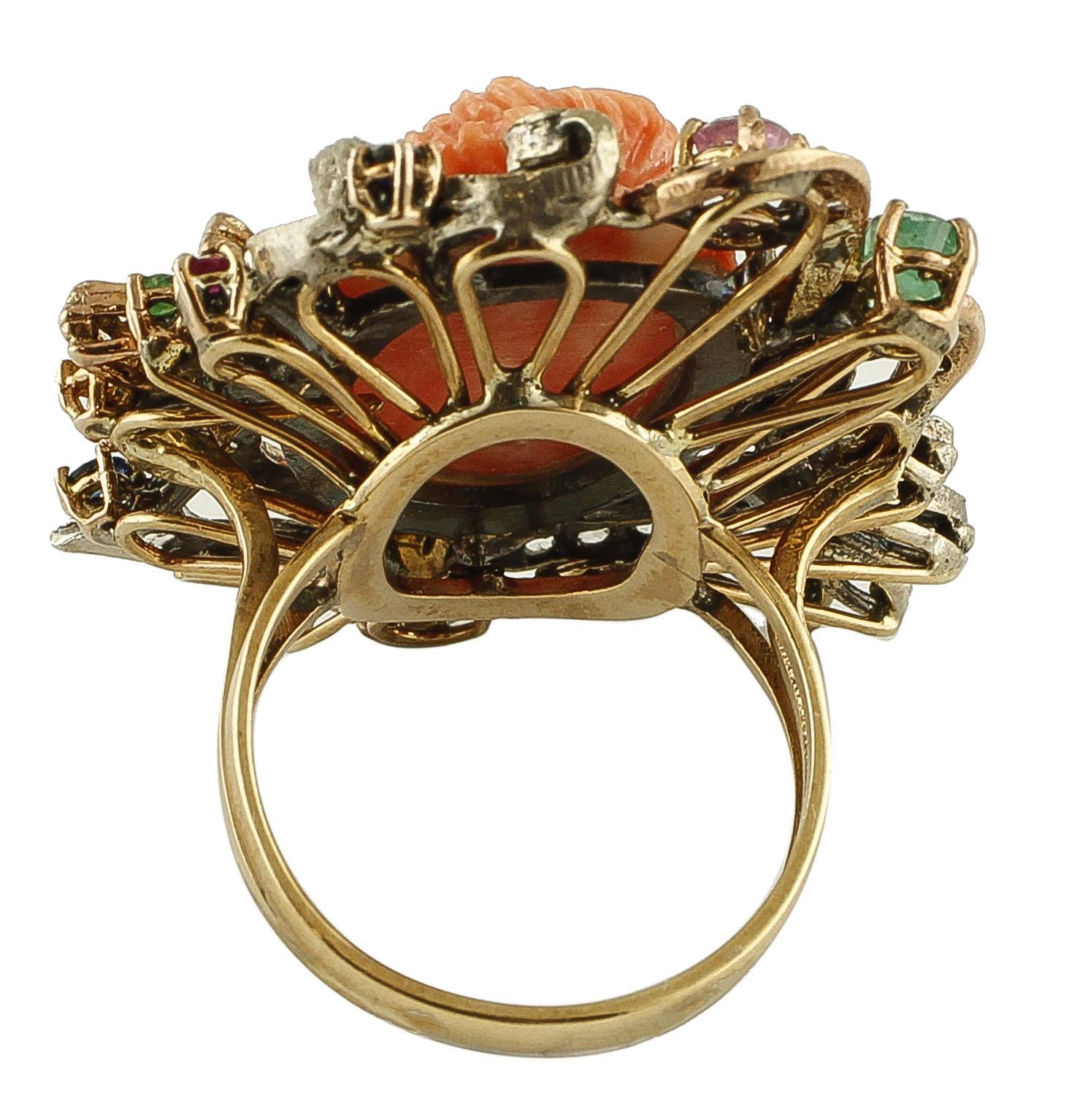 Brilliant Cut Coral Diamonds Rubies Emeralds Blue Sapphires 9 Karat Gold and Silver Retro Ring For Sale