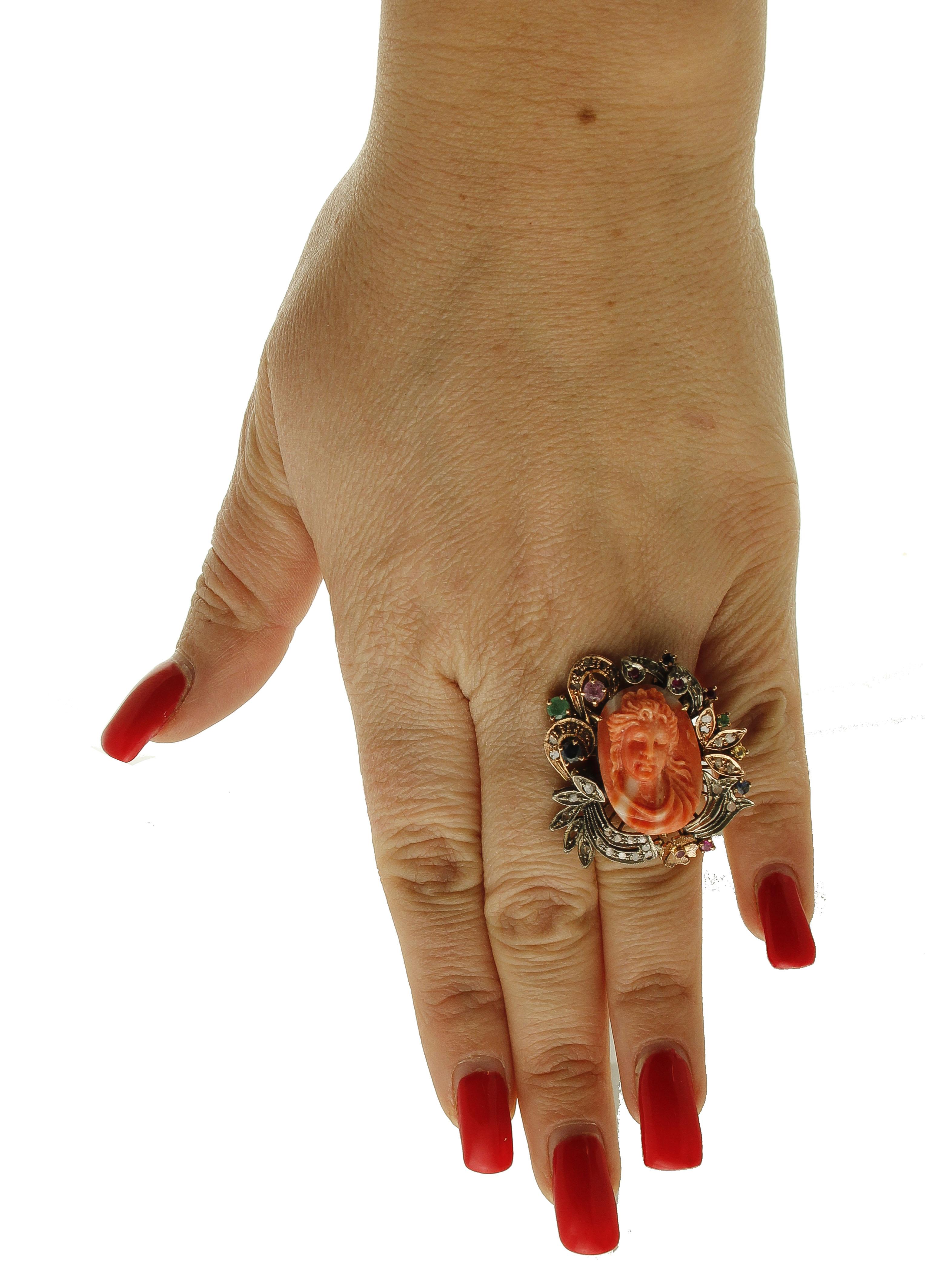 Coral Diamonds Rubies Emeralds Blue Sapphires 9 Karat Gold and Silver Retro Ring For Sale 1