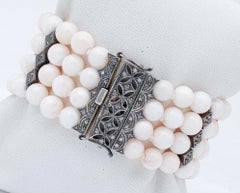 Coral, Diamonds, 9 Karat Rose Gold and Silver Beaded Bracelet