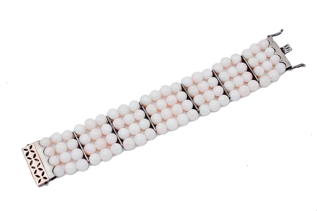 Mixed Cut Coral, Diamonds, 9 Karat Rose Gold and Silver Beaded Bracelet For Sale