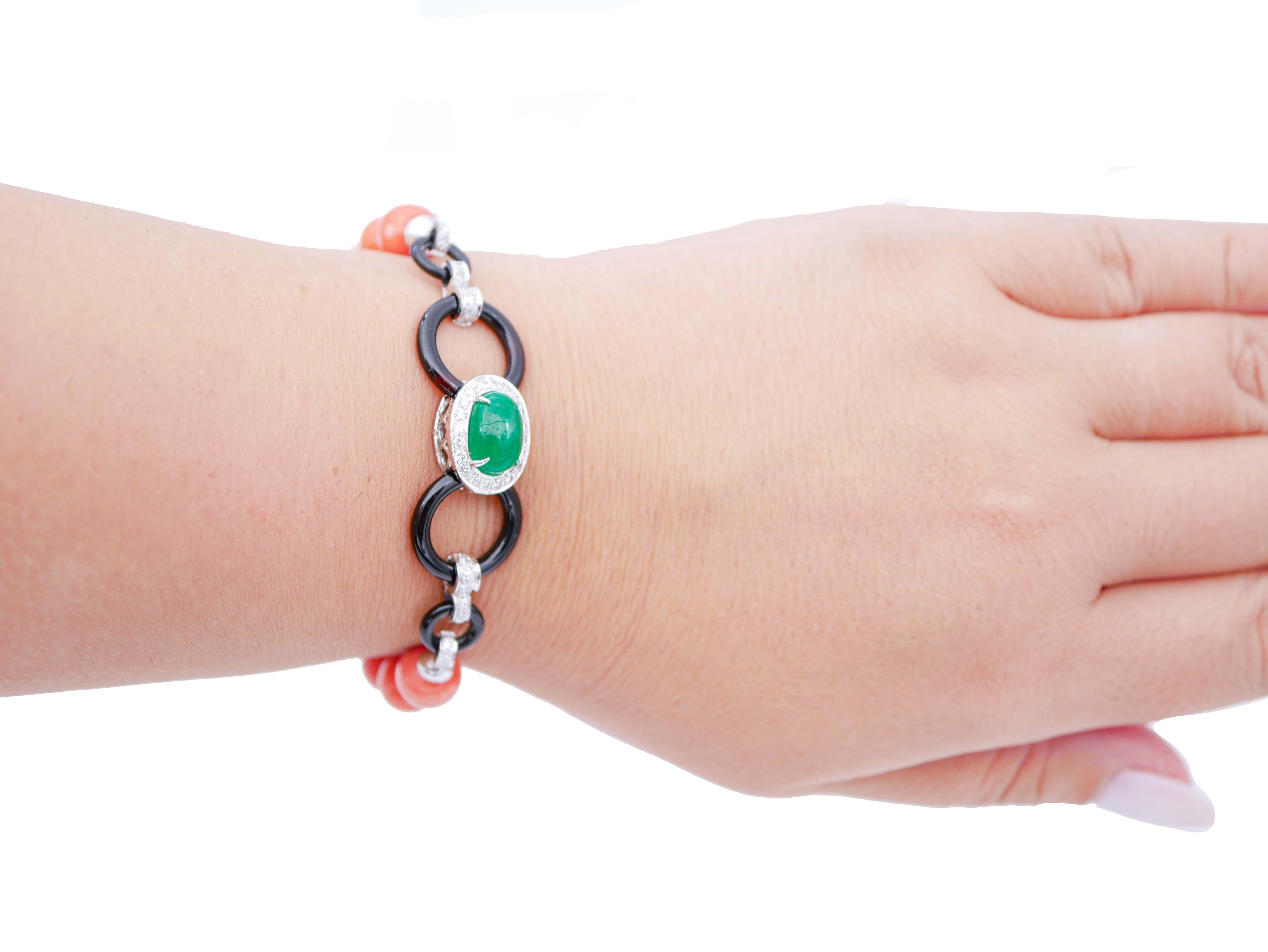 Mixed Cut Coral, Emerald, Diamonds, Onyx,  Stones, Platinum and 14 Kt White Gold Bracelet For Sale