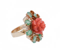 Coral, Emeralds, 14 Karat Rose Gold Ring.