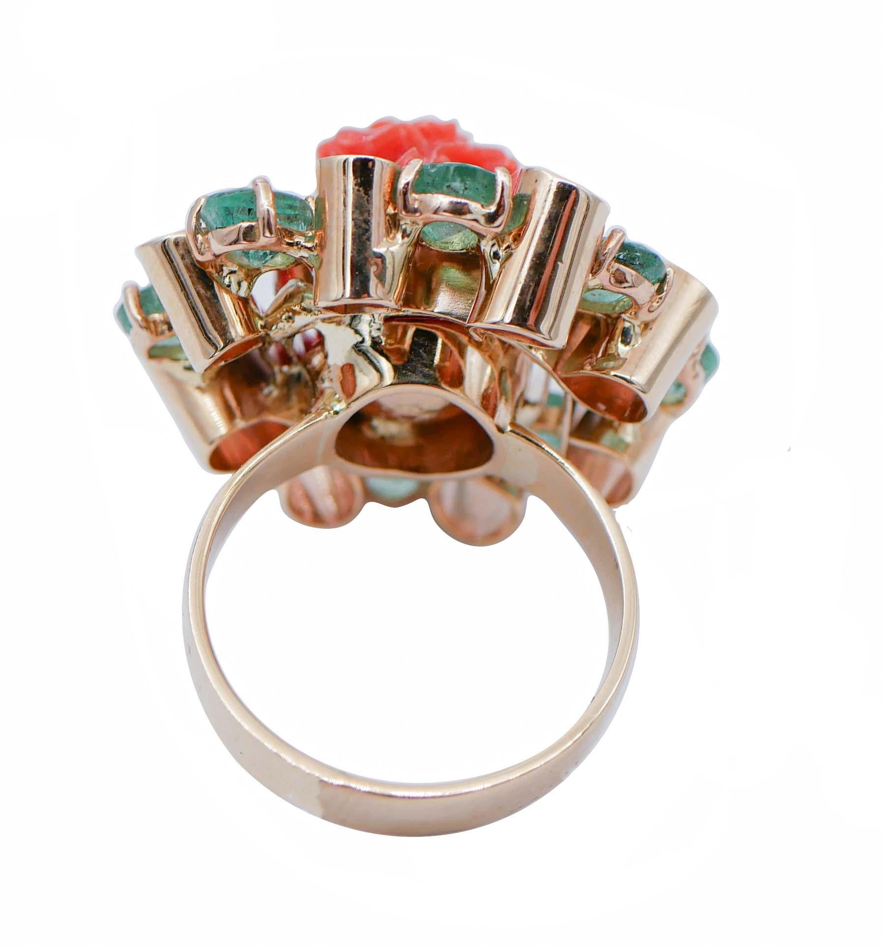 Retro Coral, Emeralds, 14 Karat Rose Gold Ring. For Sale