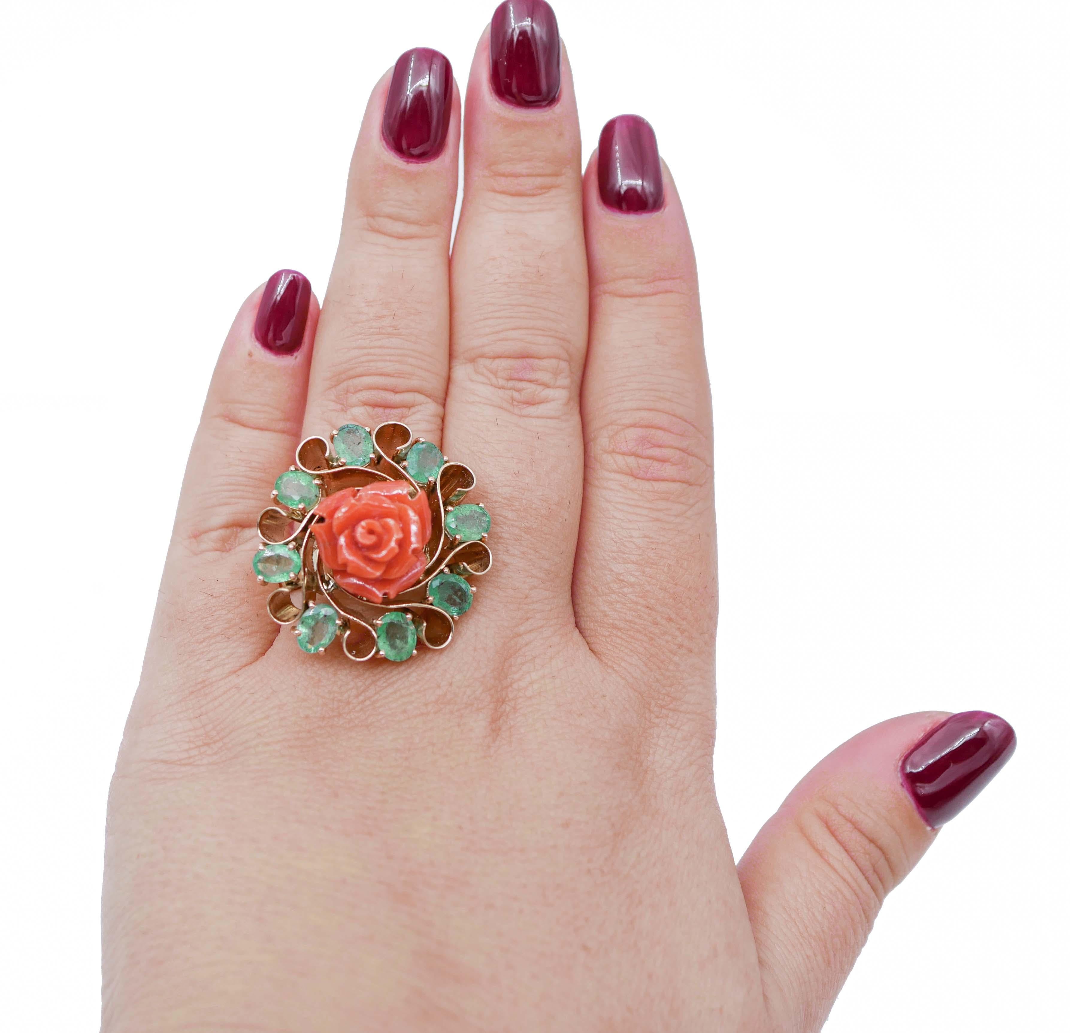 Mixed Cut Coral, Emeralds, 14 Karat Rose Gold Ring. For Sale