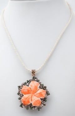Coral, Emeralds, Diamonds, 9 Karat Rose Gold and Silver Pendant Necklace