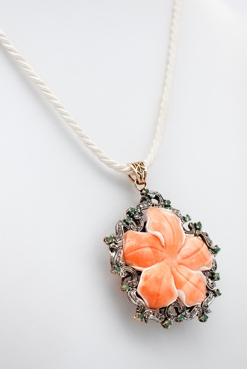 Retro Coral, Emeralds, Diamonds, 9 Karat Rose Gold and Silver Pendant Necklace For Sale