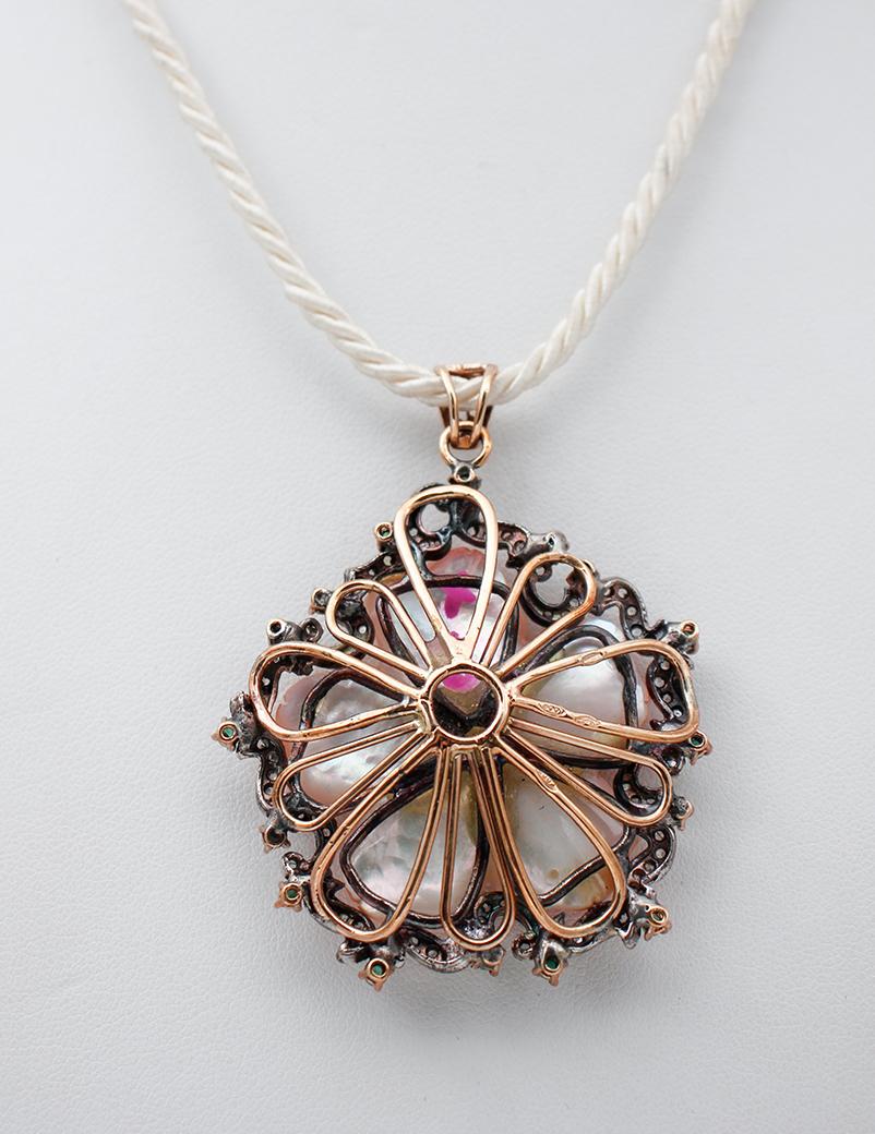 Mixed Cut Coral, Emeralds, Diamonds, 9 Karat Rose Gold and Silver Pendant Necklace For Sale