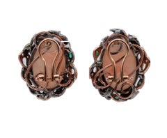 Coral, Emeralds, Diamonds, 9 Karat Rose Gold and Silver Stud Earrings