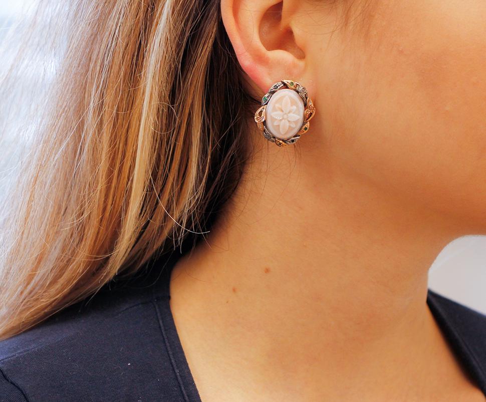 Women's Coral, Emeralds, Diamonds, 9 Karat Rose Gold and Silver Stud Earrings