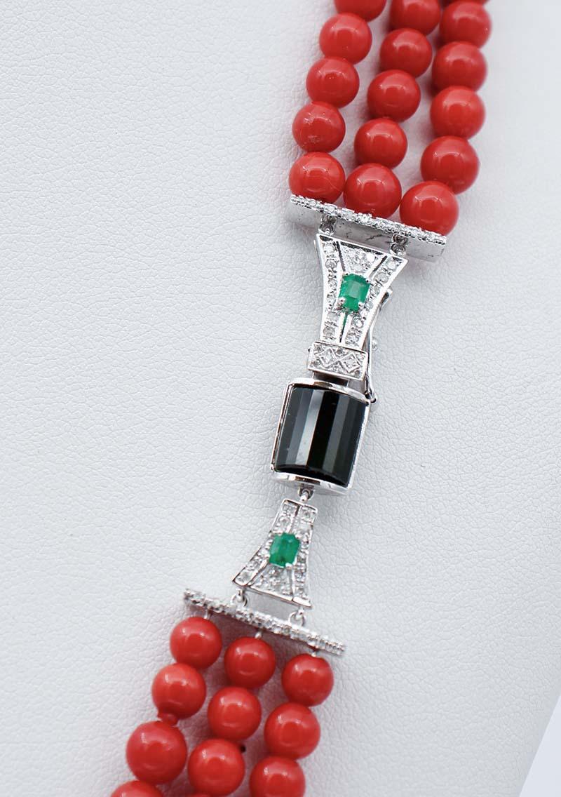 Retro Coral, Emeralds, Diamonds, Onyx, Platinum Multi-Strands Necklace