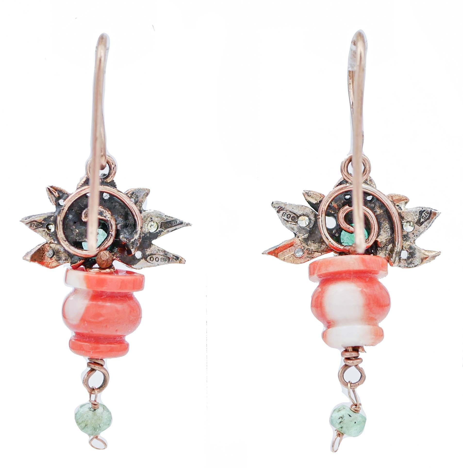 Retro Coral, Emeralds, Diamonds, Rose Gold and Silver Basket Earrings. For Sale