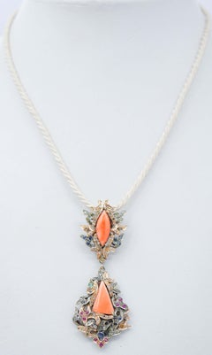 Coral, Emeralds, Diamonds, Rubies, Sapphires, Rose Gold and Silver Retrò Pendant