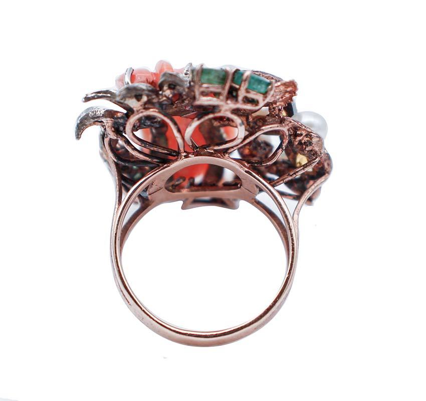 Retro Coral, Emeralds, Topazs, Diamonds, Pearls, 9Karat Rose Gold and Silver Ring For Sale