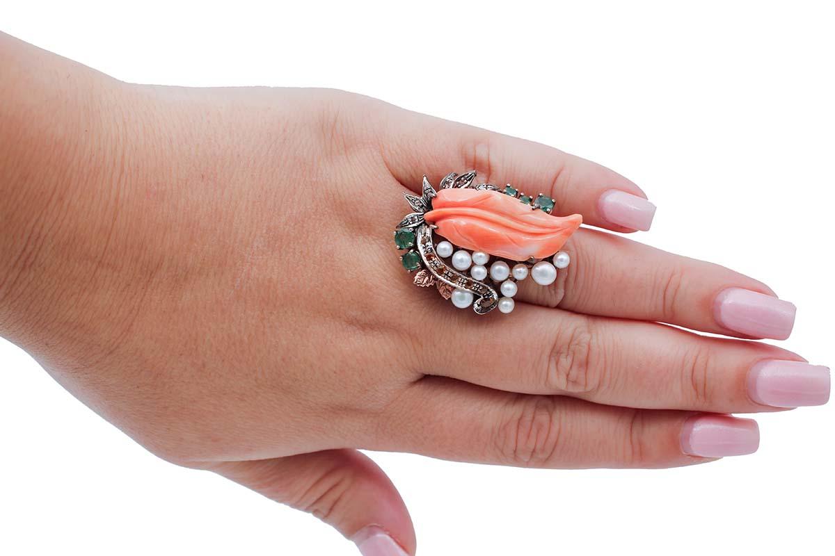 Mixed Cut Coral, Emeralds, Topazs, Diamonds, Pearls, 9Karat Rose Gold and Silver Ring For Sale