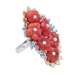 Coral, Fancy Diamonds, Pearls, 14 Karat White and Rose Gold Ring