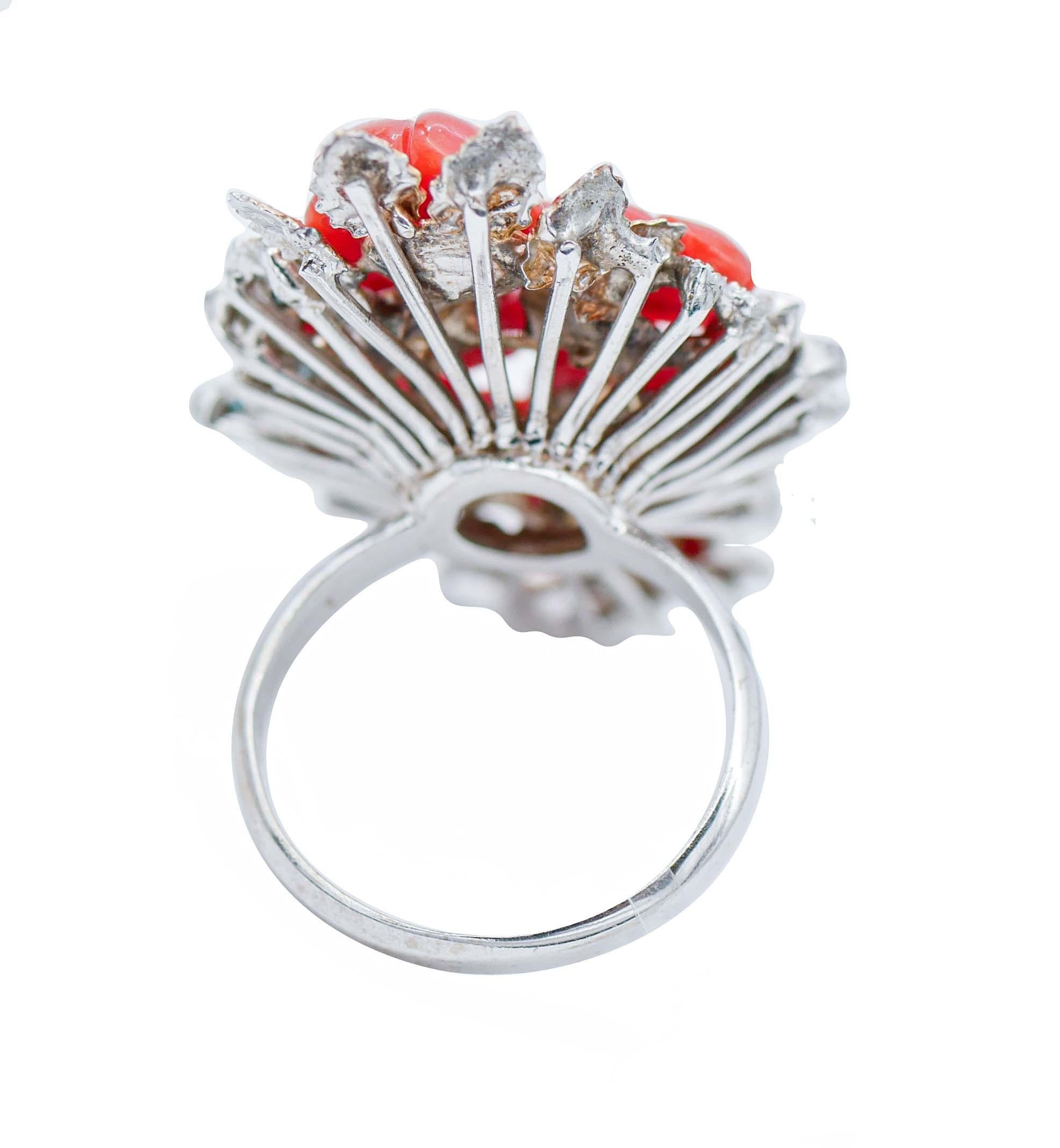Retro Coral, Fancy Diamonds, Pearls, 14 Karat White and Rose Gold Ring For Sale
