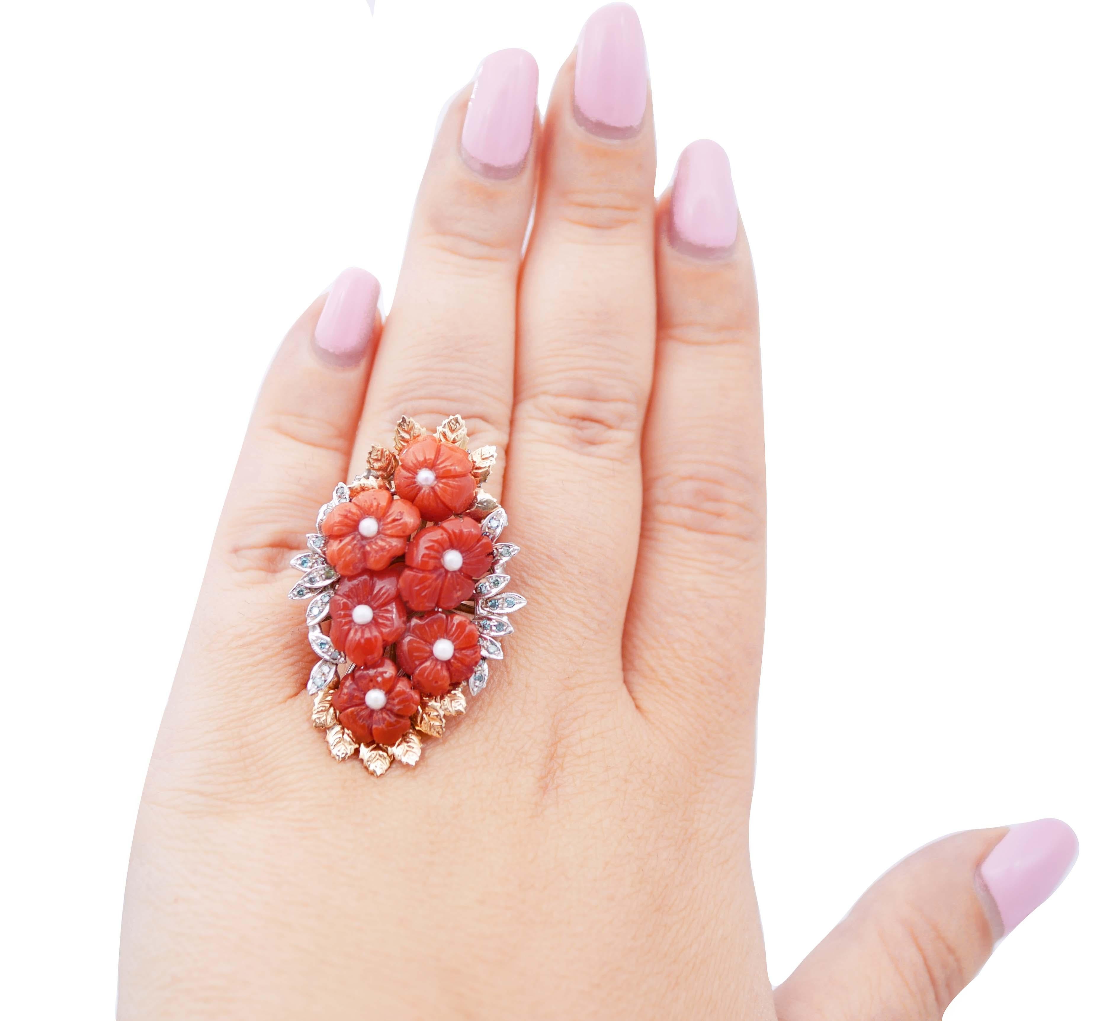 Mixed Cut Coral, Fancy Diamonds, Pearls, 14 Karat White and Rose Gold Ring For Sale