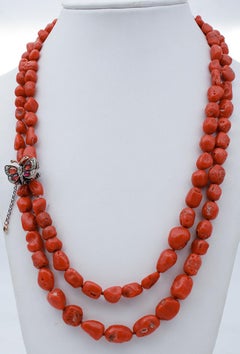 Coral Garnets Diamonds 9 Karat Rose Gold and Silver Clasp Multi-Strands Necklace