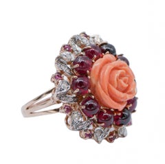 Coral, Garnets, Diamonds, Rose Gold and Silver Retrò Ring.