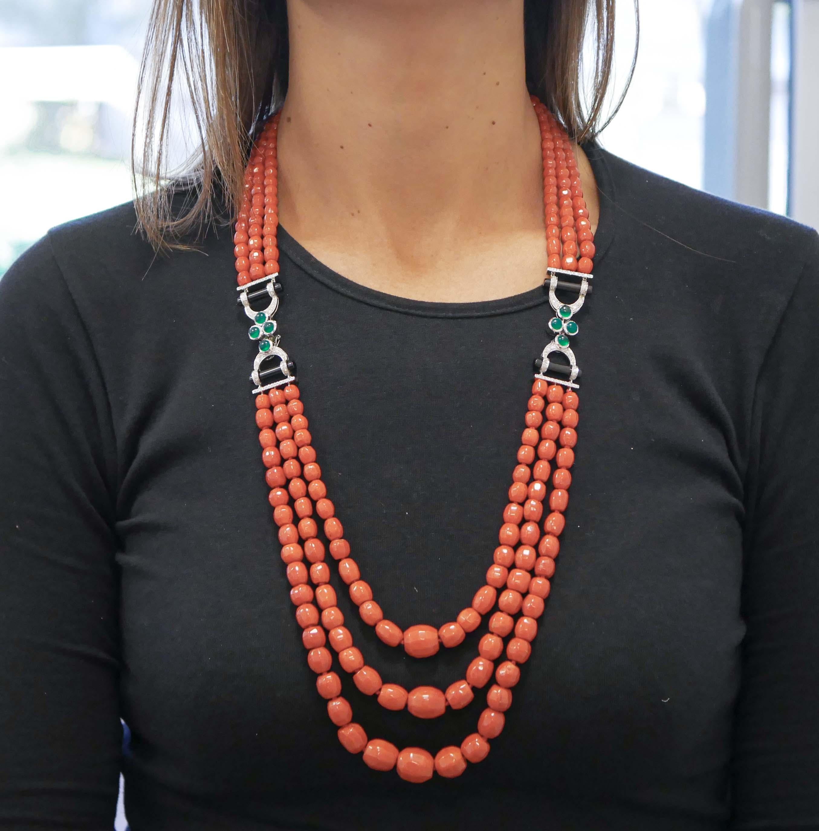 Women's Coral, Green Agate, Onyx, Diamonds, Platinum Multi-Strands Necklace For Sale