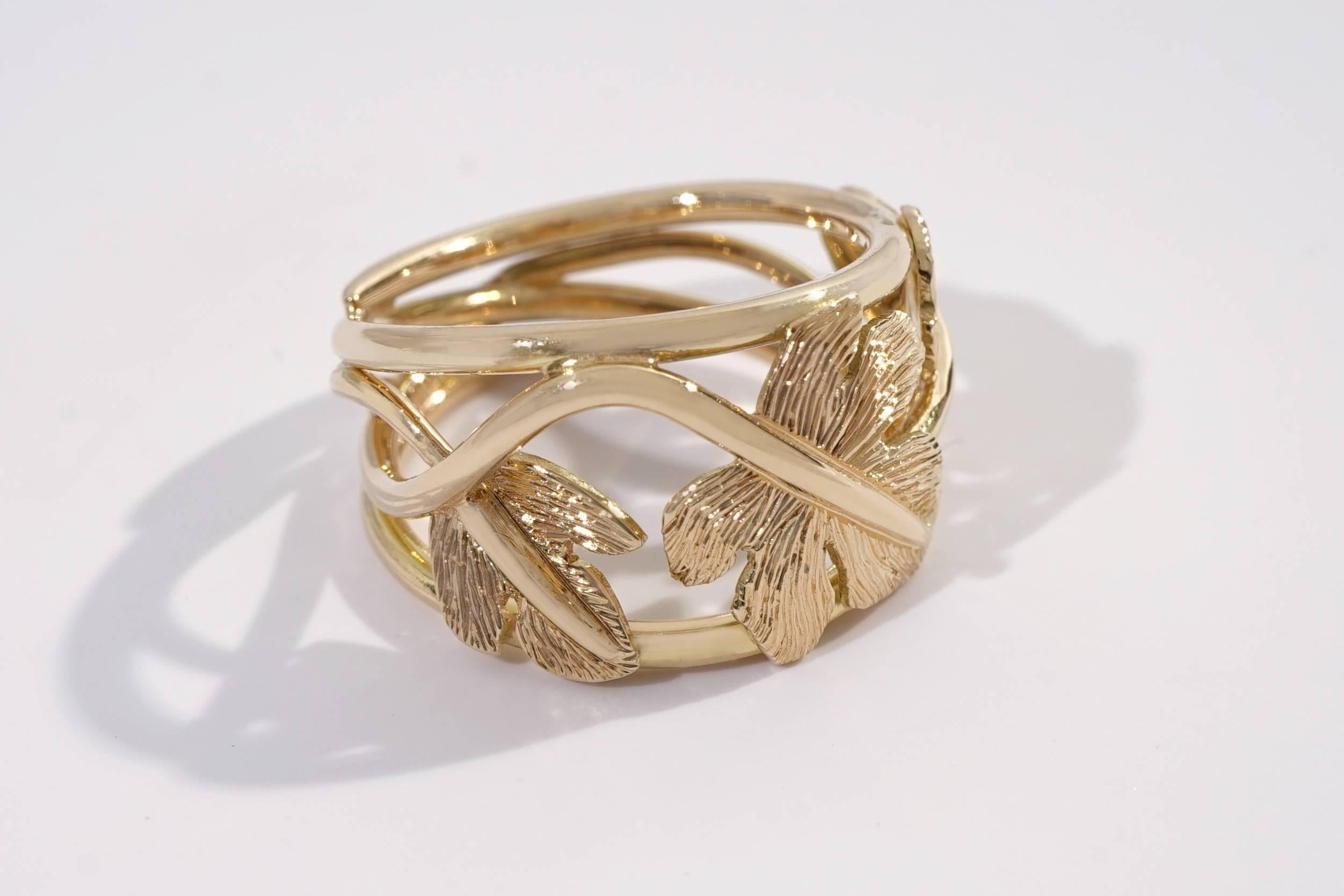 Contemporary Coralie Van Caloen 18 Carat Gold Pinky Band Ring Hand Engraved Fig Leaves For Sale