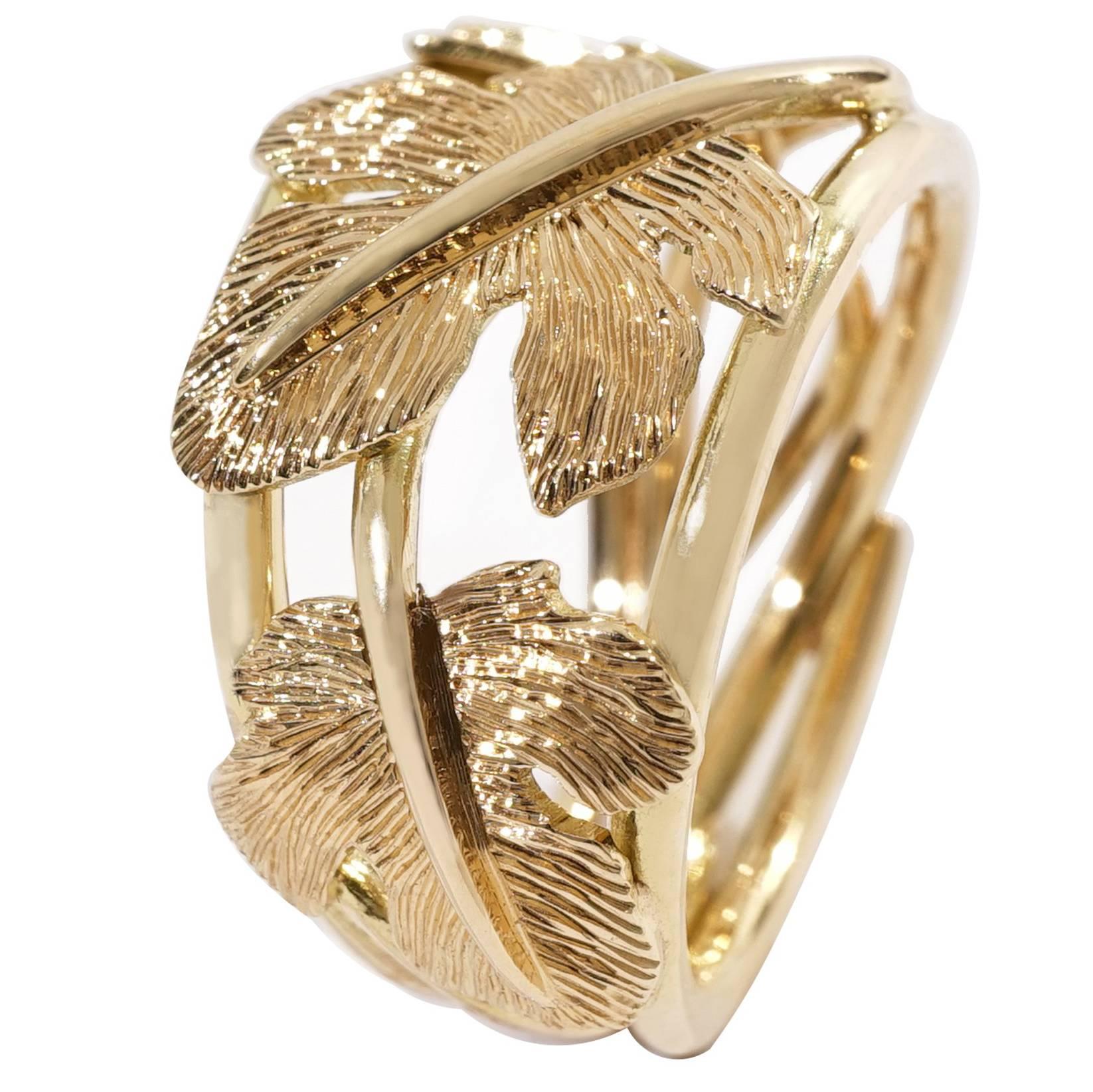 Coralie Van Caloen 18 Carat Gold Pinky Band Ring Hand Engraved Fig Leaves For Sale