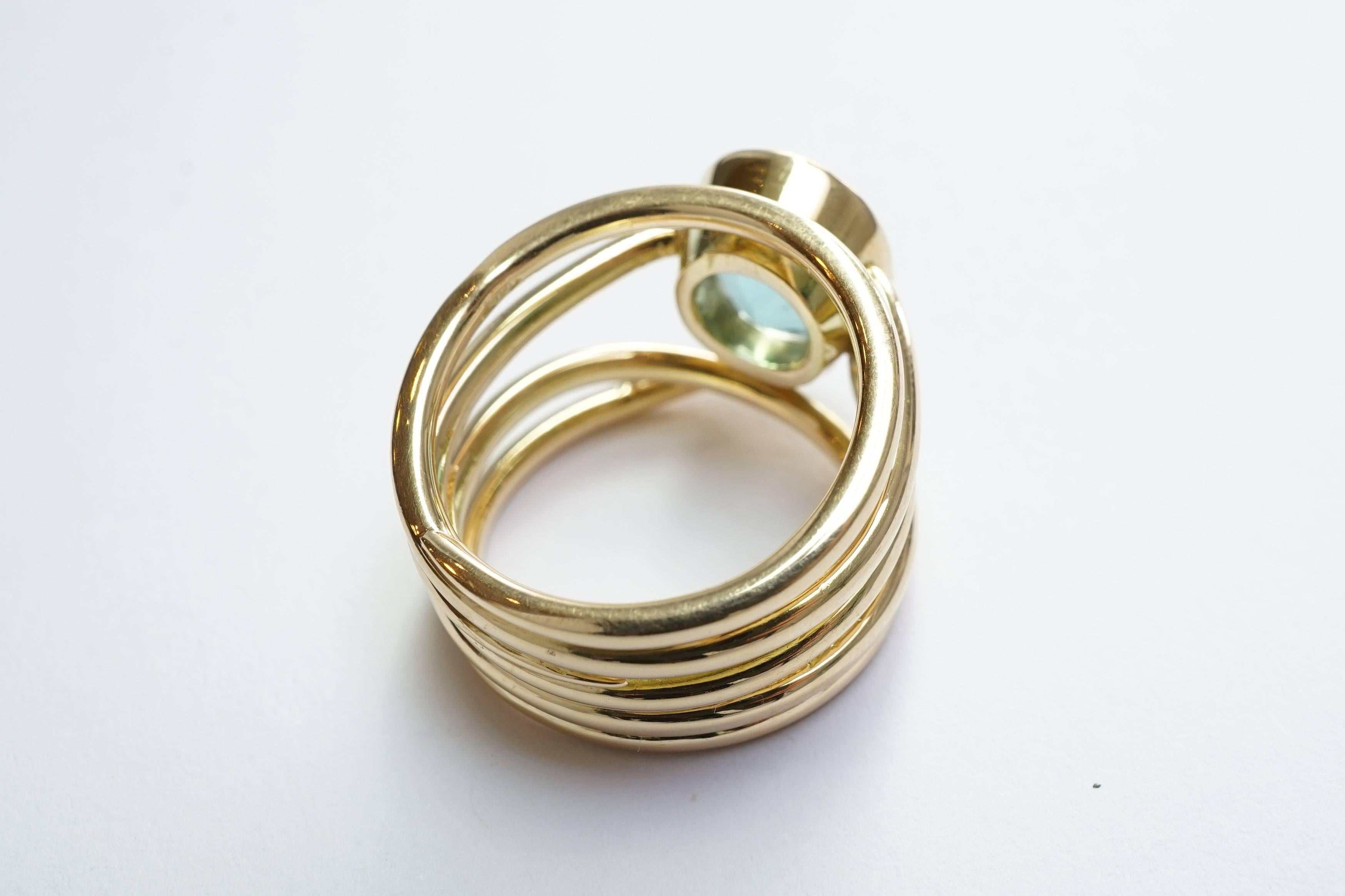 Oval Cut Coralie Van Caloen 18 Carat Yellow Gold Cord Turquoise Tourmaline Band Ring For Sale