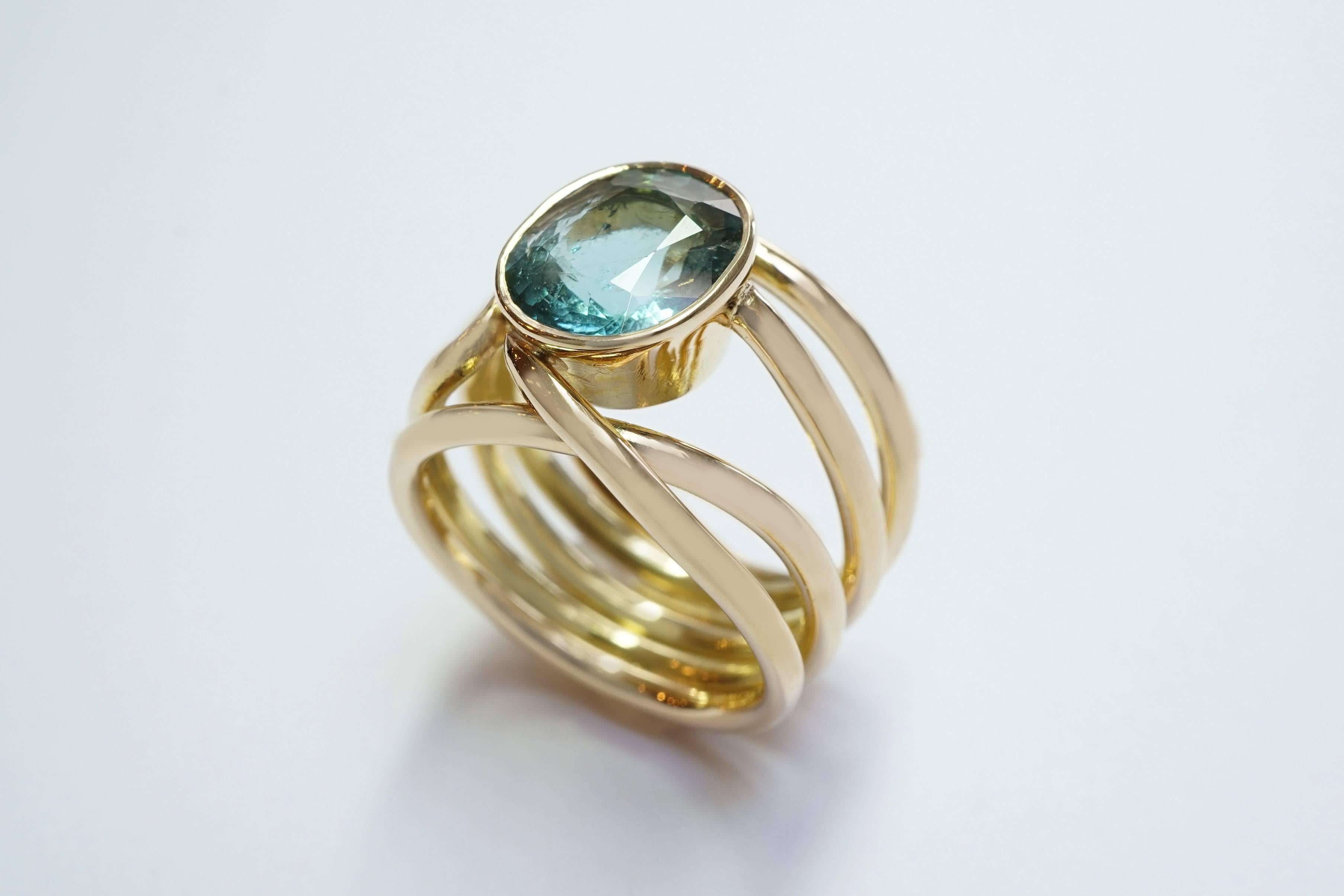 Coralie Van Caloen 18 Carat Yellow Gold Cord Turquoise Tourmaline Band Ring In New Condition For Sale In Antwerp, BE