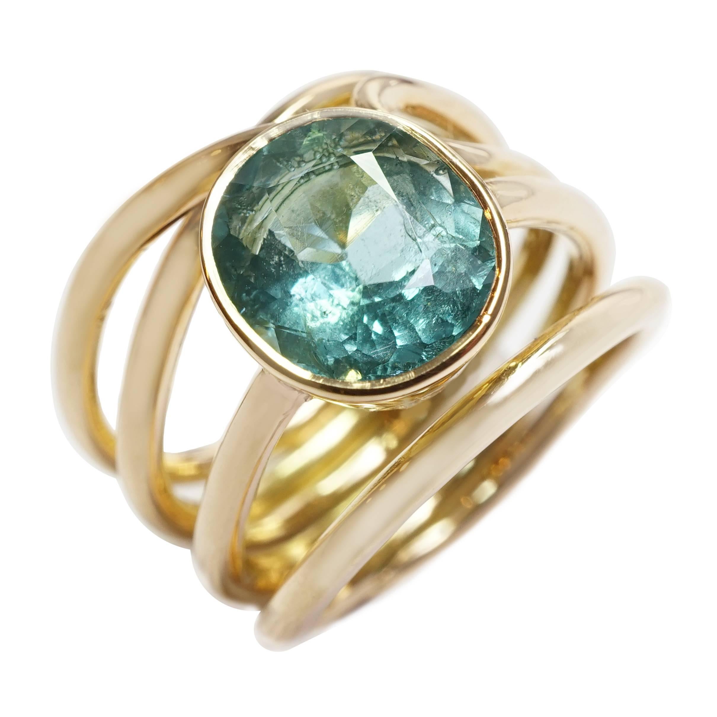Coralie Van Caloen 18 Carat Yellow Gold Cord Turquoise Tourmaline Band Ring For Sale