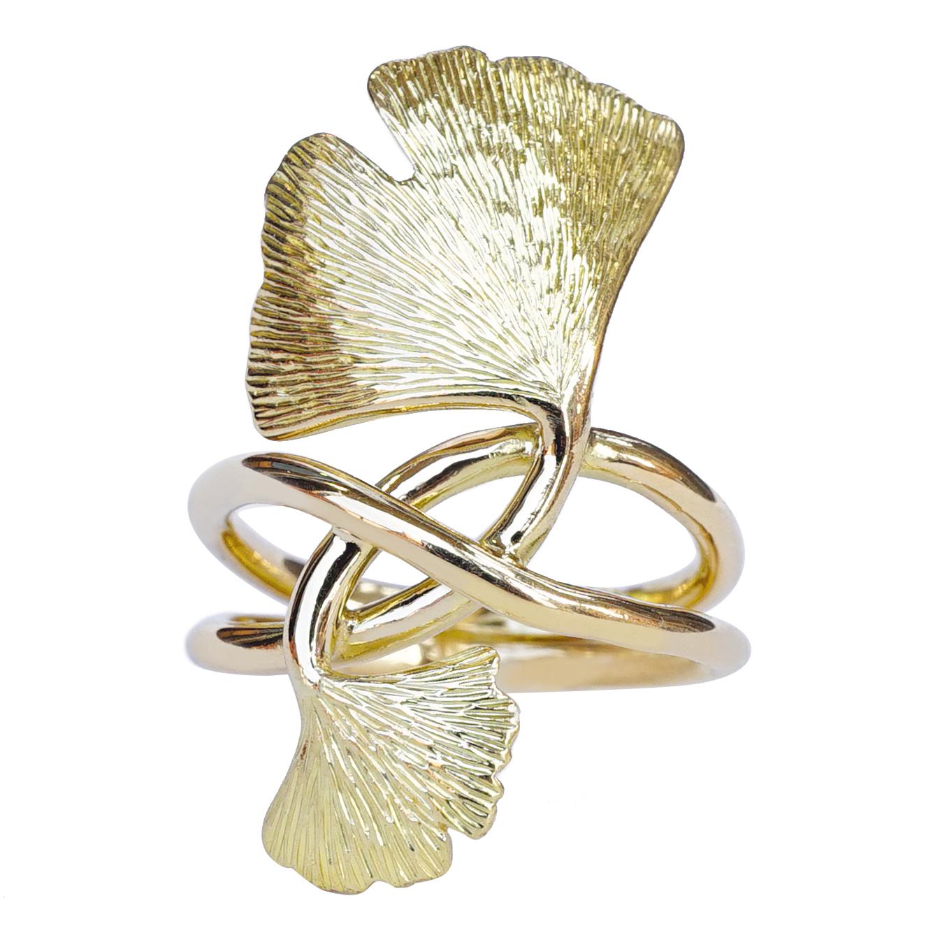 Yellow Gold 18k Double Gingko Hand Engraved Leaves Cocktail Ring For Sale