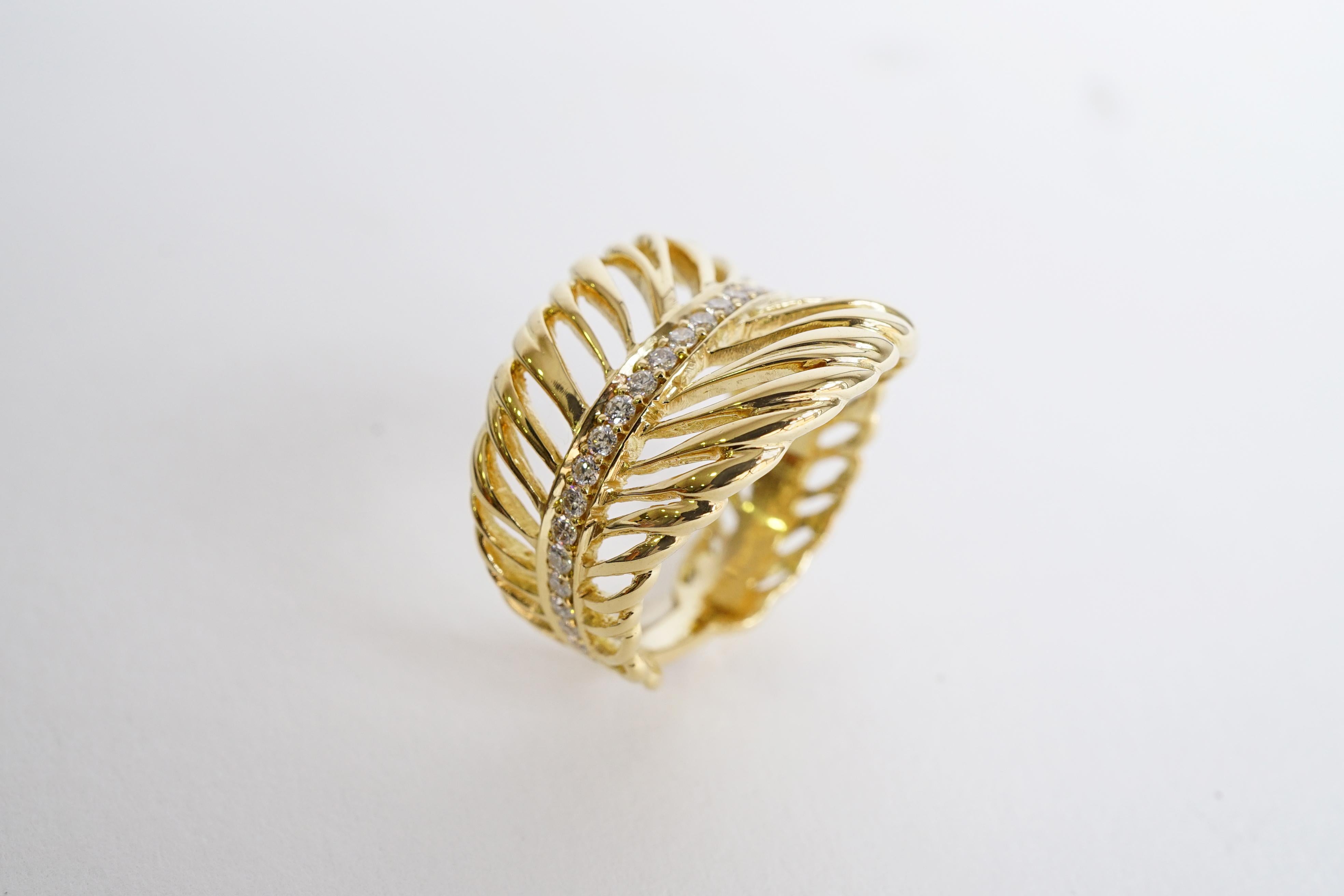 Contemporary Coralie Van Caloen 18 Karat Yellow Gold Feather with Diamonds Band Ring