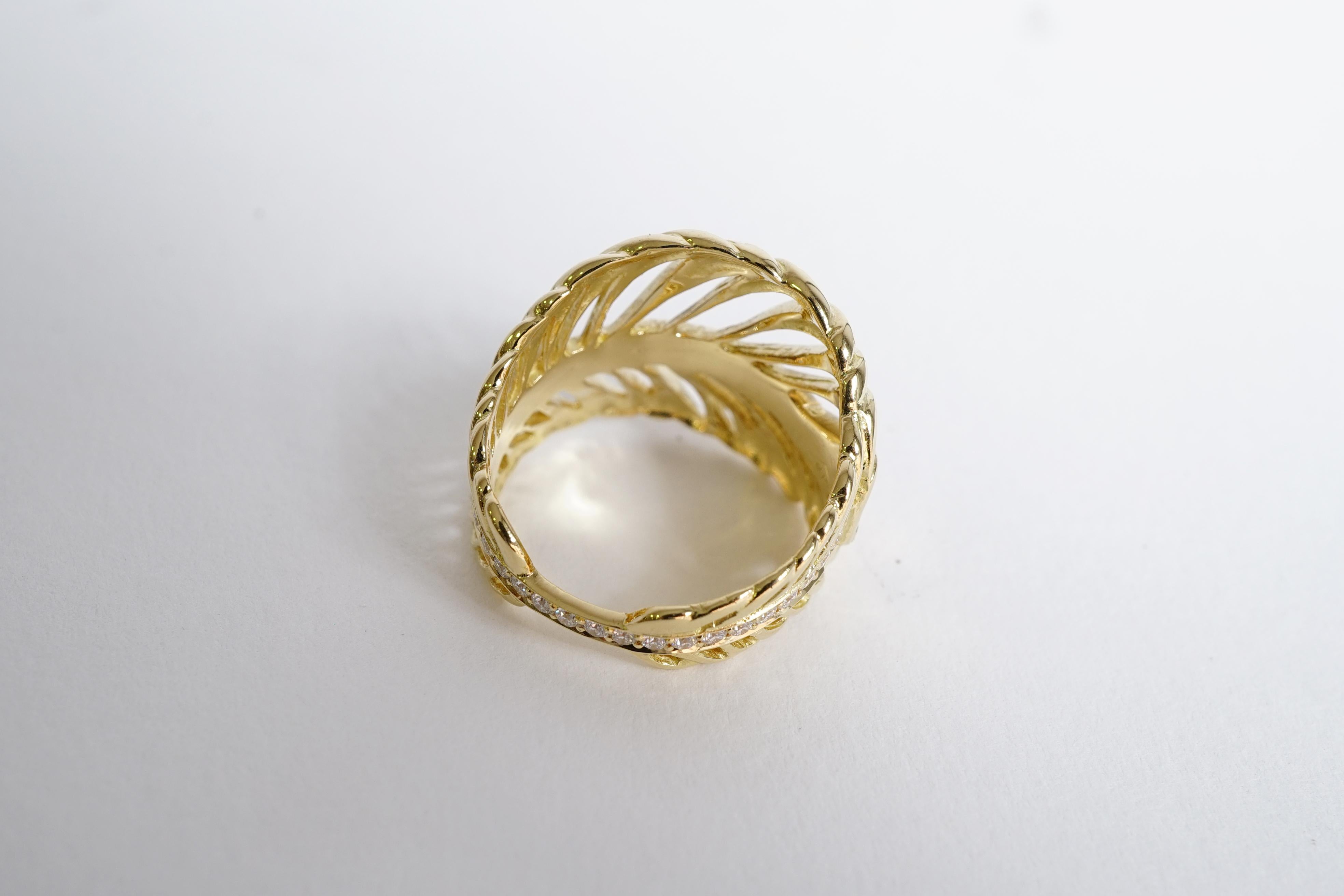 Old European Cut Coralie Van Caloen 18 Karat Yellow Gold Feather with Diamonds Band Ring