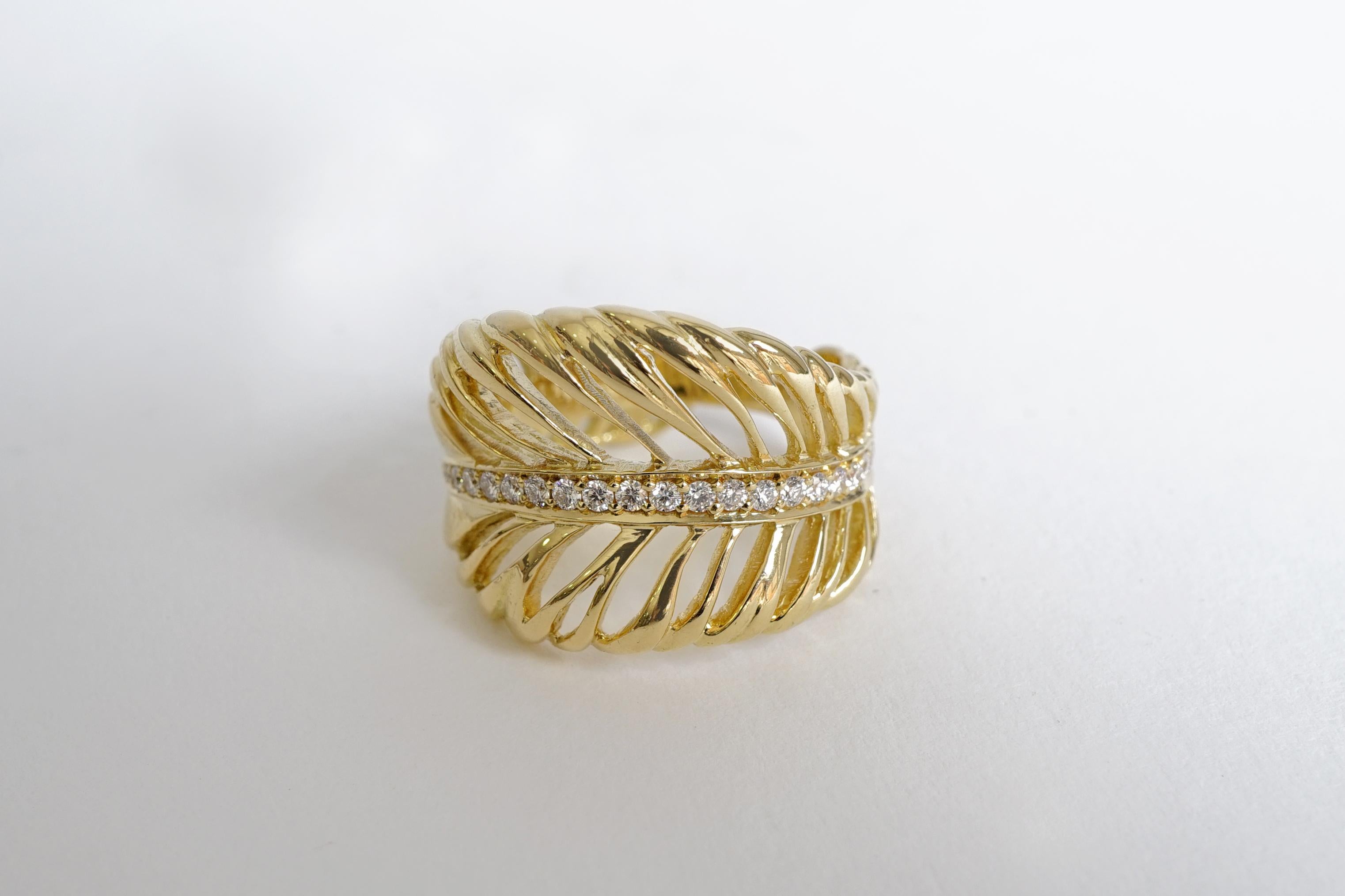 Women's or Men's Coralie Van Caloen 18 Karat Yellow Gold Feather with Diamonds Band Ring