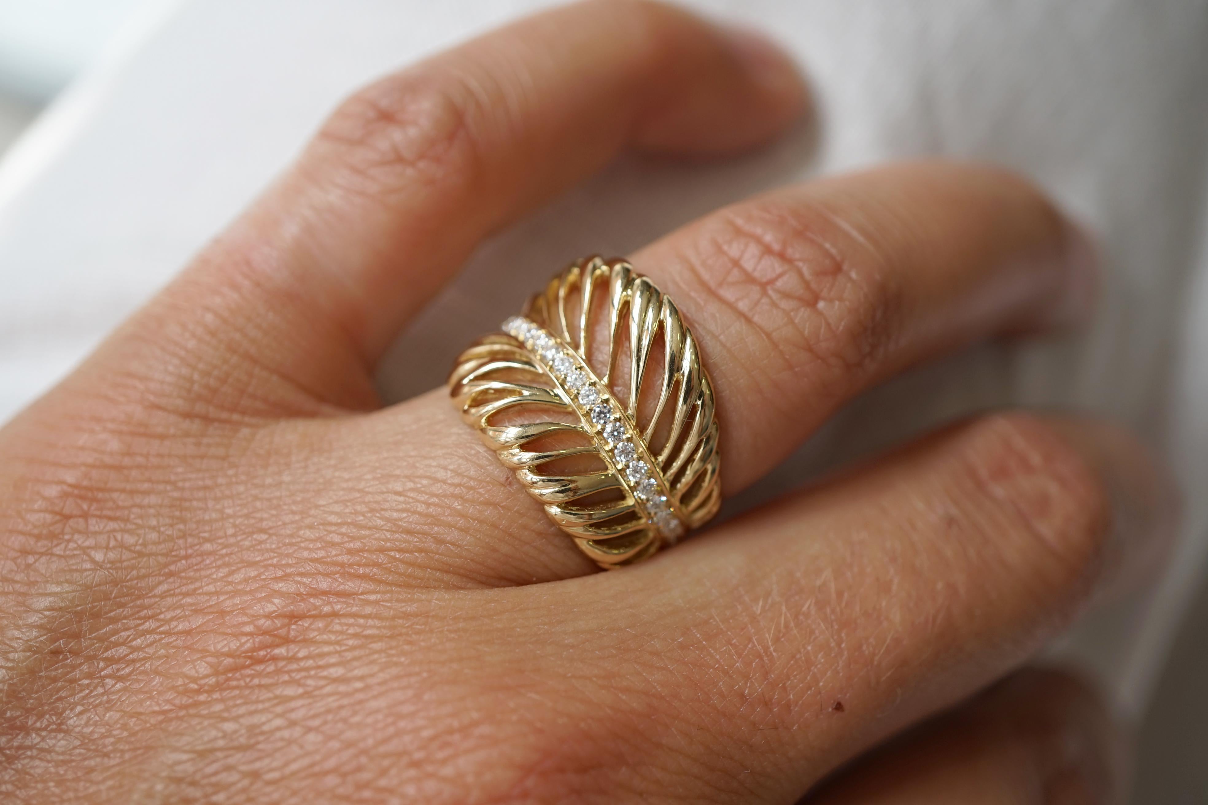 Coralie Van Caloen 18 Karat Yellow Gold Feather with Diamonds Band Ring 2