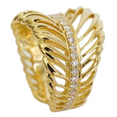 Coralie Van Caloen 18 Karat Yellow Gold Feather with Diamonds Band Ring