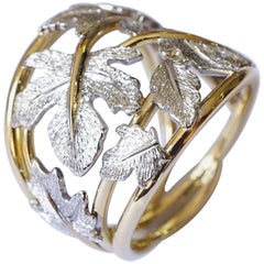 Yellow And White Gold bicolor 18k with Hand Engraved Fig Leaves Botanical Ring