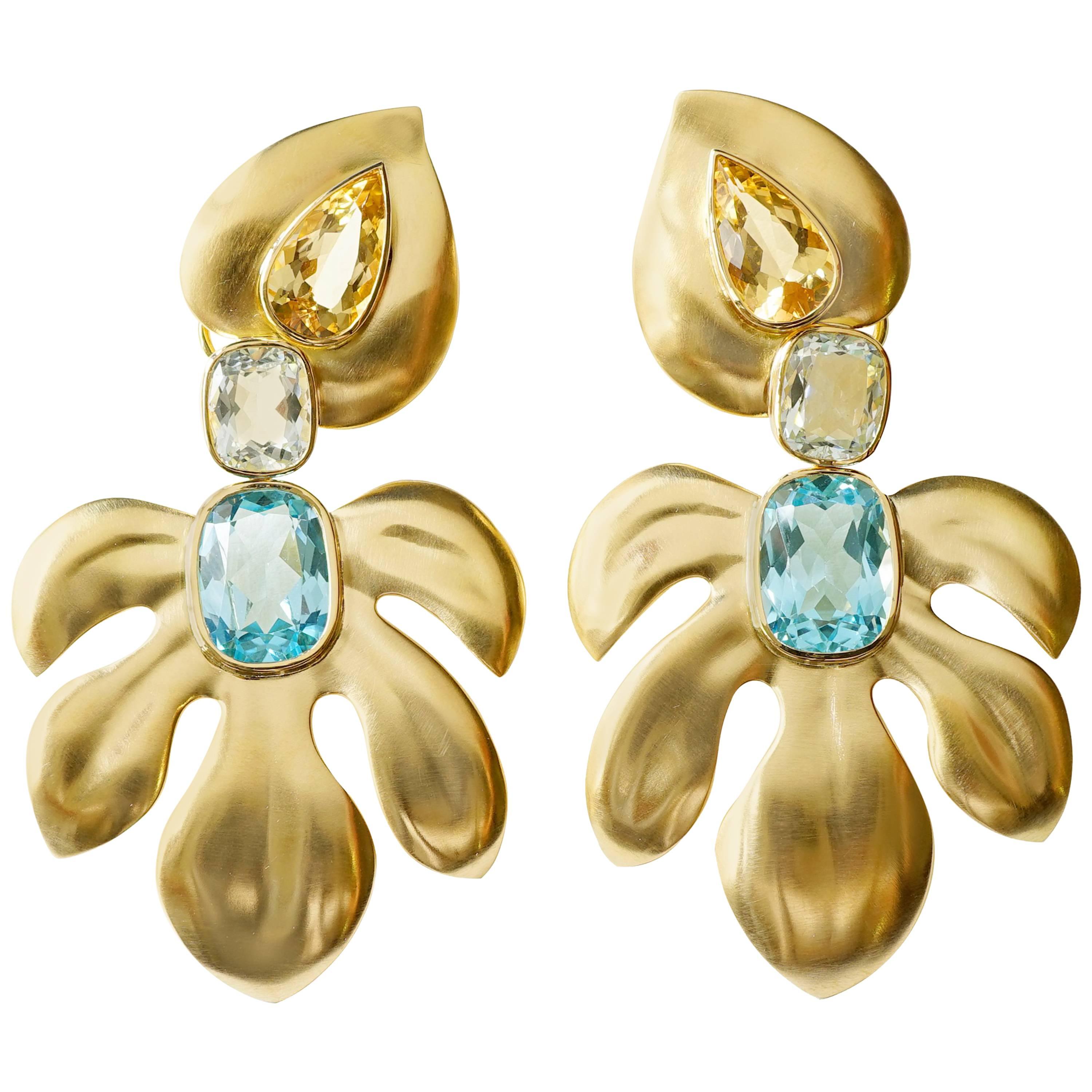 Coralie Van Caloen 18k Gold Beryl And Aquamarine Tropical Clip-on Earrings For Sale