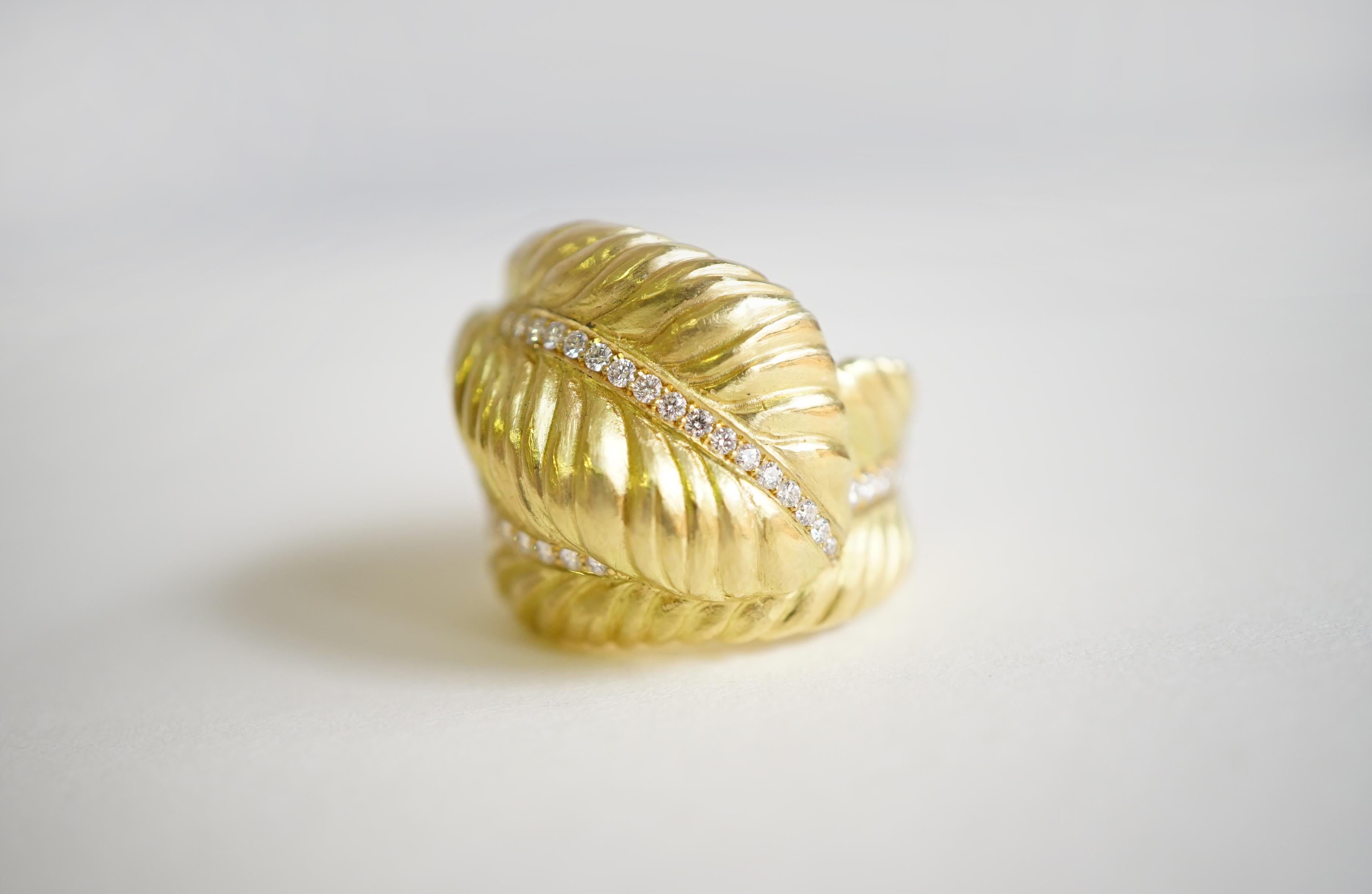Contemporary Yellow 18k Gold Crossover Feather With Diamonds Band Ring