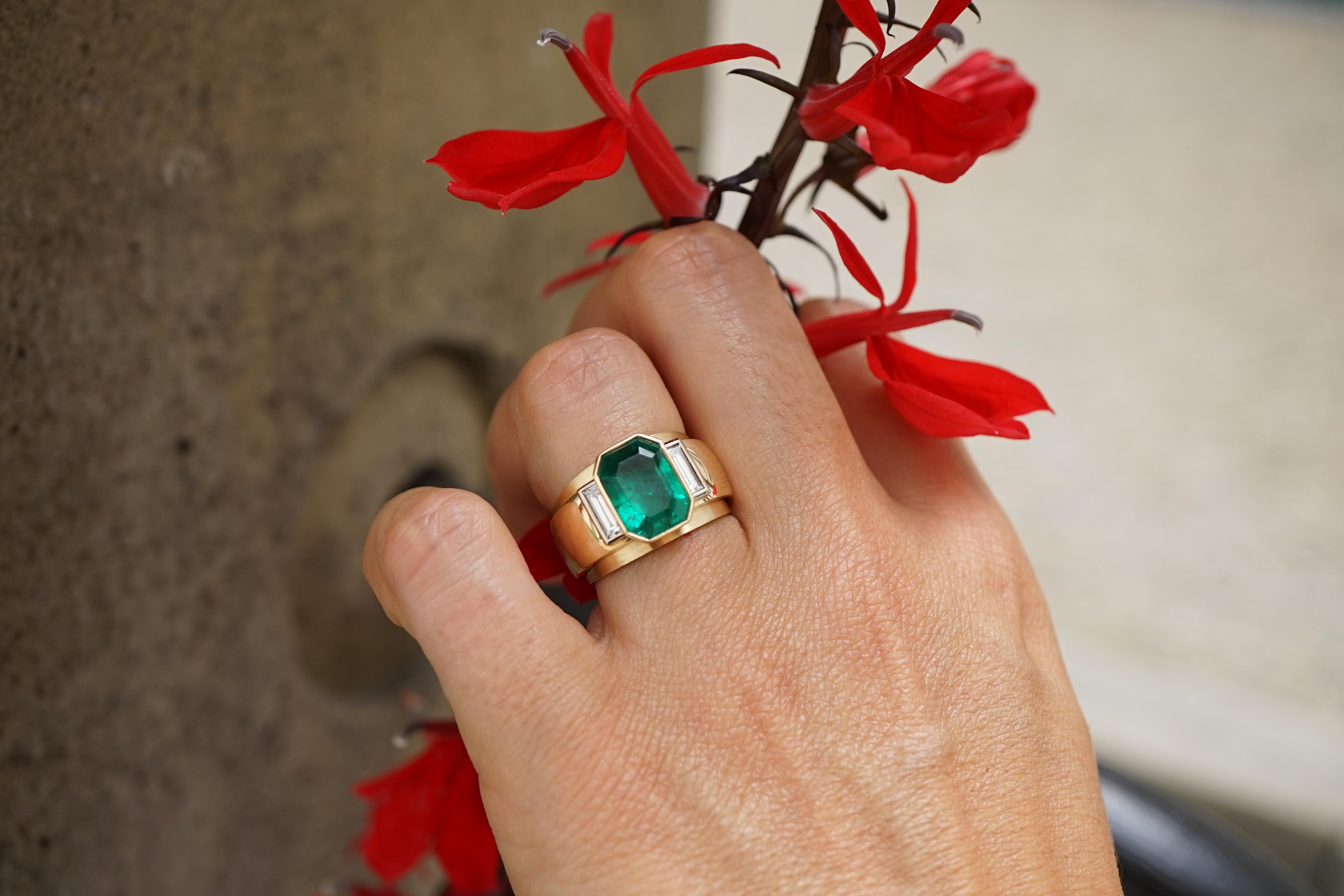 Contemporary Coralie Van Caloen 18k Gold Emerald And Diamond Baguette Ring Art Deco Style