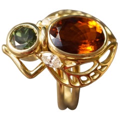 Yellow Gold 18k Red And Green Tourmaline Insect Bee Cocktail Ring