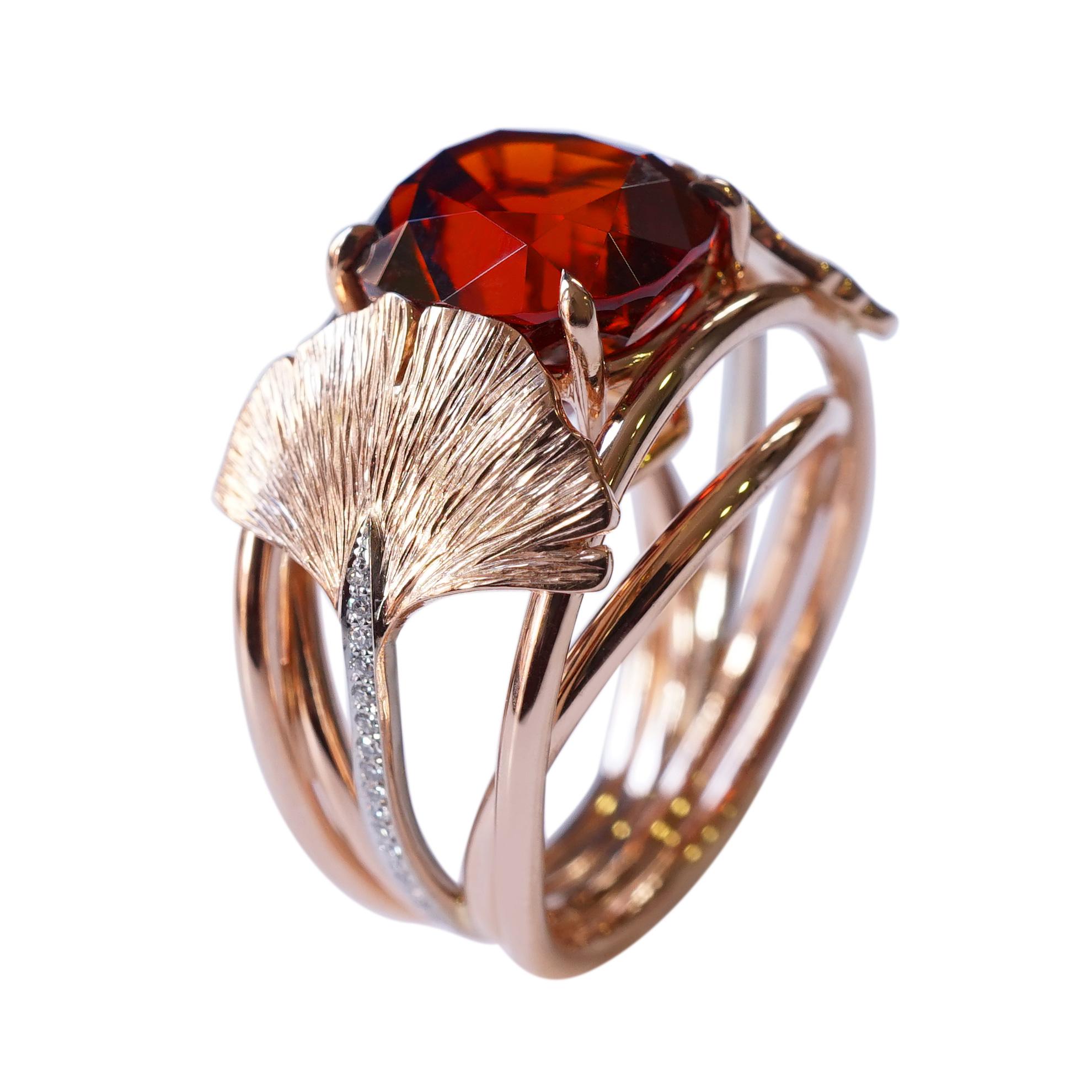 Pink Gold 18k With Red Garnet Diamonds And Gingko Leaves Botanical Ring For Sale