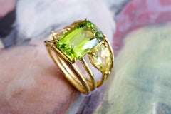 Yellow Gold 18k Fresh Green Peridot And Yellow Beryls Band Ring