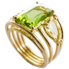 Yellow Gold 18k Fresh Green Peridot And Yellow Beryls Band Ring