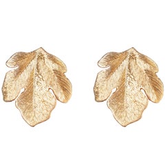 Yellow Gold 18k Hand Engraved Fig Leaves Botanical Earrings