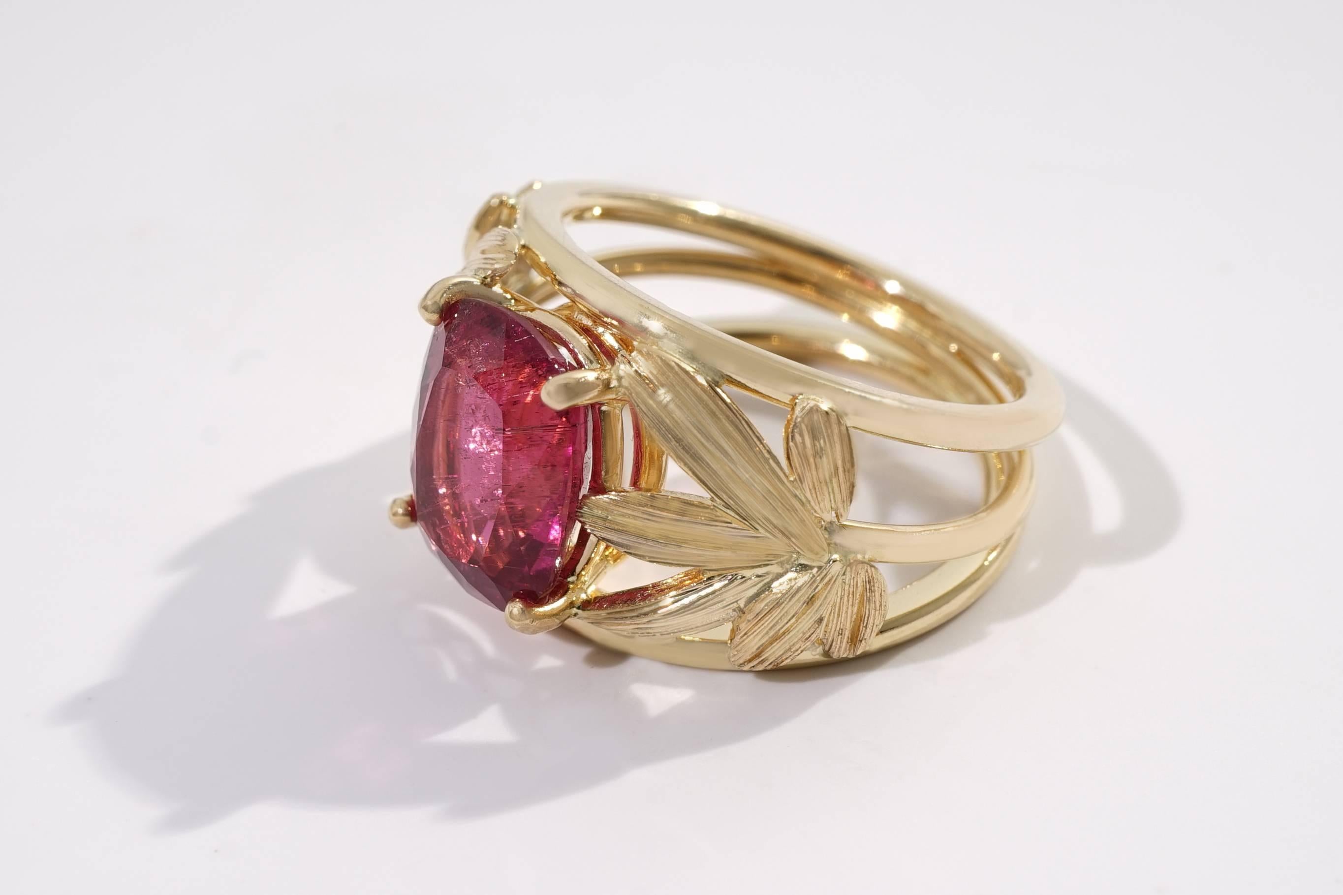 Contemporary Coralie Van Caloen Yellow Gold 18 Carat Palm Leaves And Pink Rubellite Band Ring